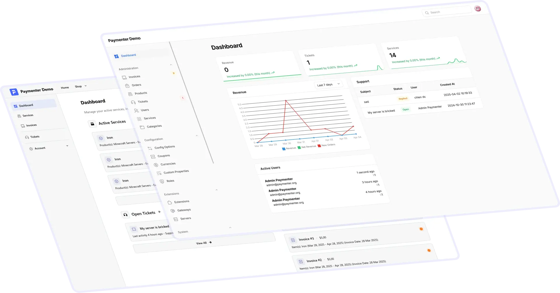 Paymenter : Plateforme de facturation pour services d’hébergement - Dashboard paymenter plateforme de facturation pour hébergement - Coelus