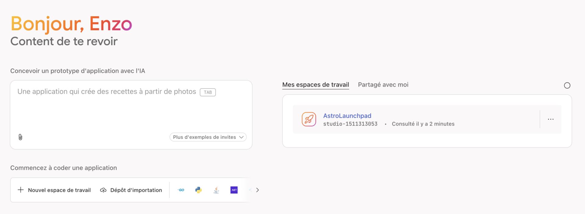 Firebase Studio : Le créateur d'application IA de Google - Firebase ecran accueil - Coelus