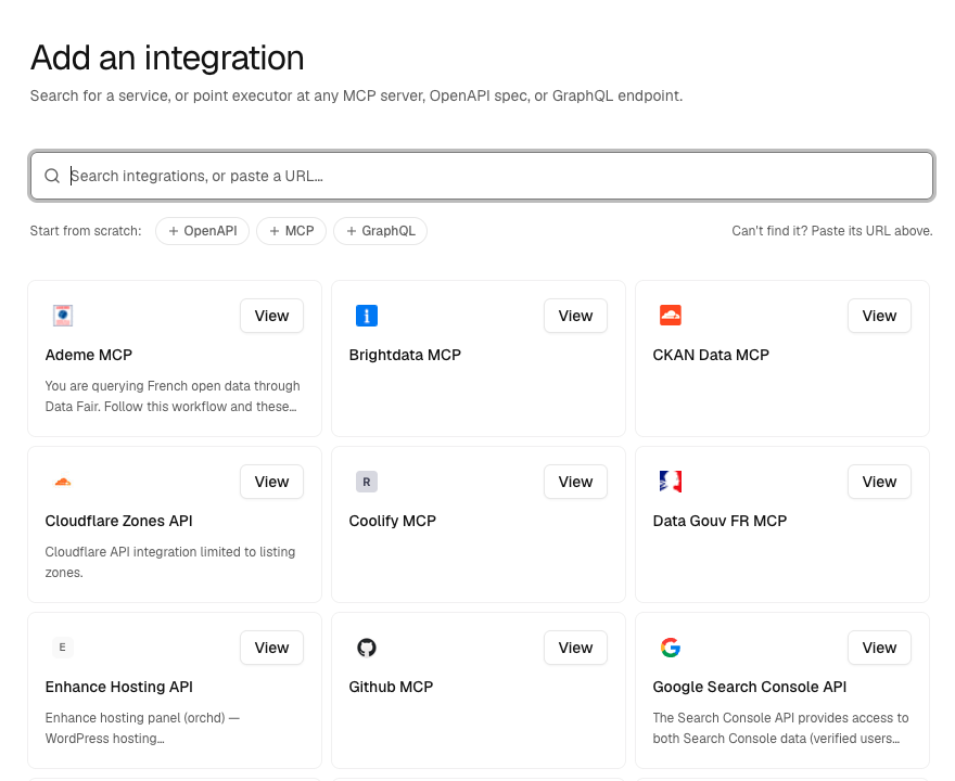 Executor : le hub MCP self-hosted pour connecter vos agents IA à toute votre infrastructure - Executor catalogue integrations - Coelus