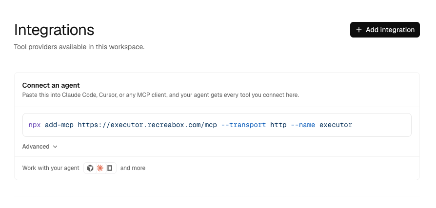 Executor : le hub MCP self-hosted pour connecter vos agents IA à toute votre infrastructure - Executor integrations page - Coelus