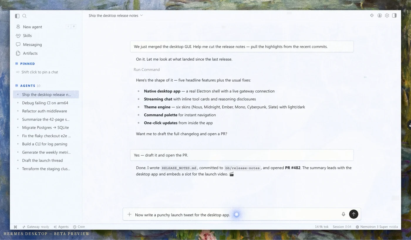 Hermes Agent : l’agent IA open source qui apprend de vos tâches - Hermes agent : l’application de bureau - Coelus