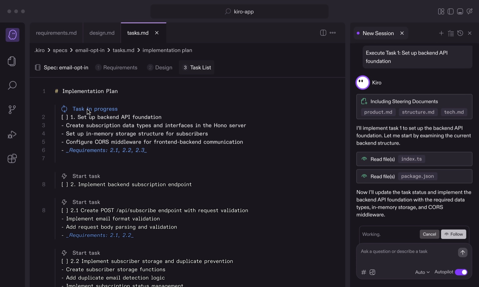 Kiro : l’IDE intelligent d’Amazon pour coder avec l’IA ! 3 Kiro : l’IDE intelligent d’Amazon pour coder avec l’IA ! - Kiro specs plan implementation agent - Coelus
